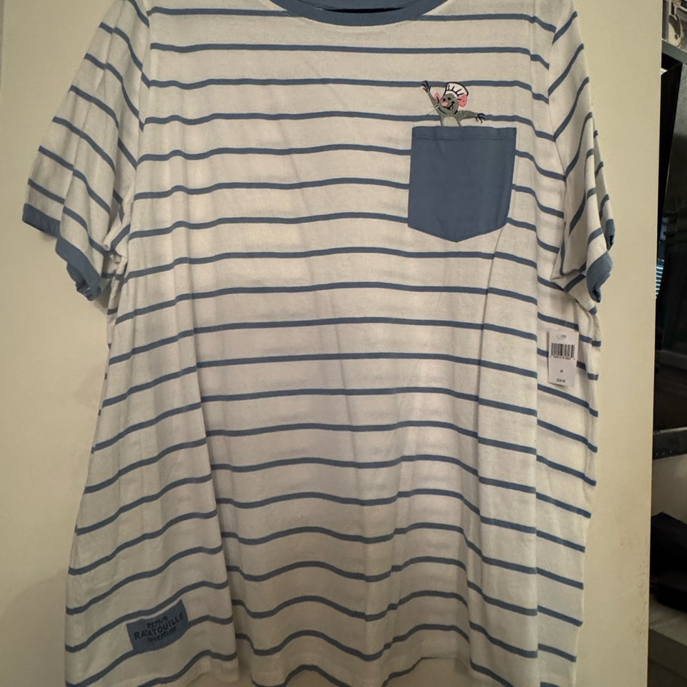 Disney Blue & White Striped Pocket Tee with Embroidered Character
